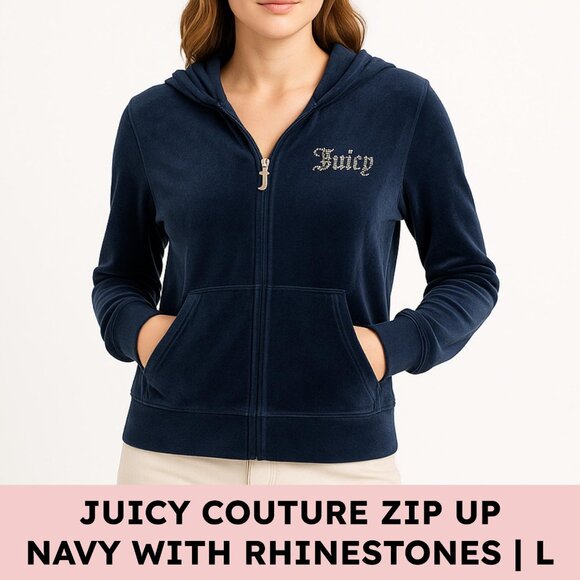 Juicy Couture Velour Rhinestone Zip Hoodie Y2K Navy Blue Gothic J Zipper Pull L - Picture 1 of 15